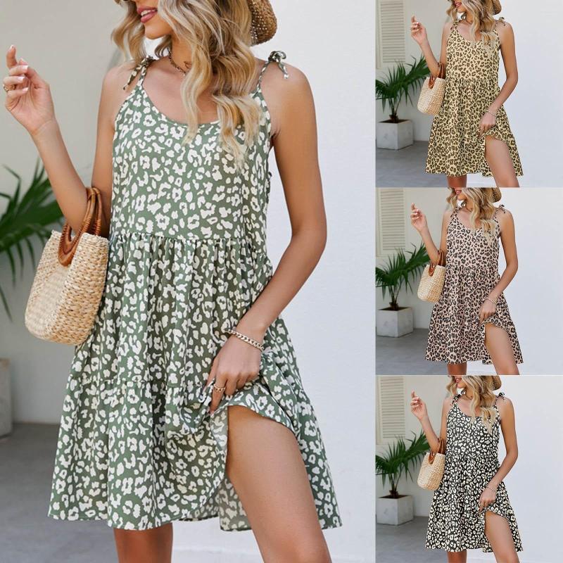 

Casual Dresses Dress Street Sling Sleeveless Print Leopard With Ruffled Edge, Black