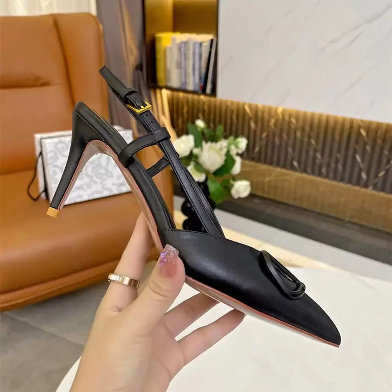 

Designer Women Luxury Sandals Dress Shoes High Heels Leather Studs Black Pointed Toe Open Toe Sexy Skinny Fashion Party Wedding with Box 35-43