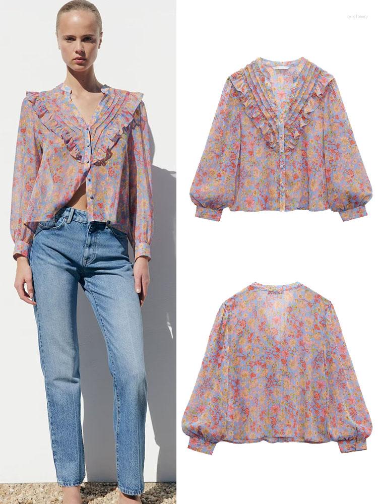 

Women's Blouses 2023 Summer Women's Fashion Casual All-match Ruffled V-neck Layered Decorative Buckle Flower Print Shirt, Multicolor