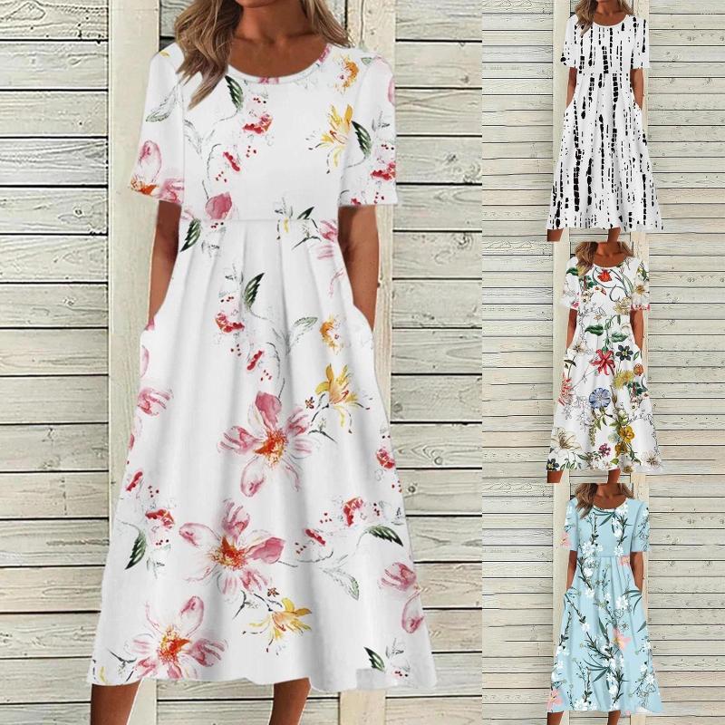 

Casual Dresses Women Summer Print Round Neck Short Sleeve Loose Dress Bohemian Beach With Pocket, White