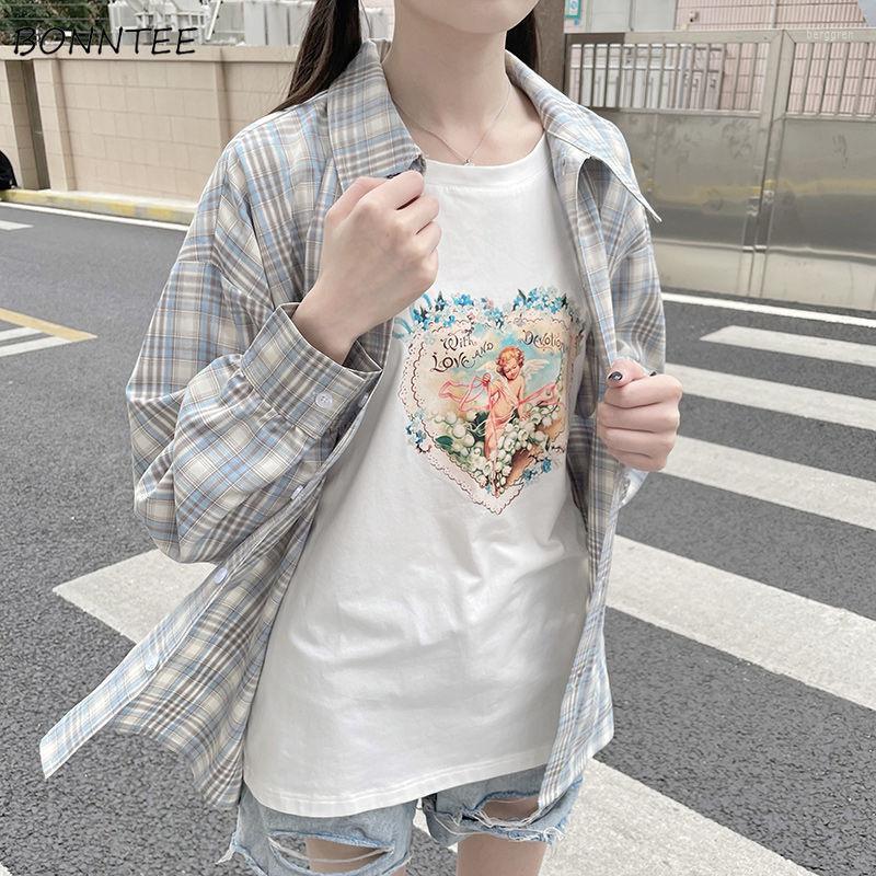 

Women' Blouses Shirts Women Plaid Fashion Sun Protection College Retro Turn-down Collar All-match Streetwear Summer BF Leisure Female, Beige
