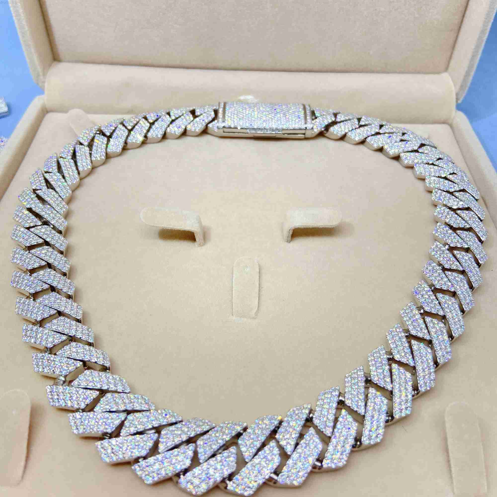 

20mm Width Three Rows Hand Setting Iced Moissanite Diamond Silver Hiphop Necklace Men Trendy Cuban Chain Necklace