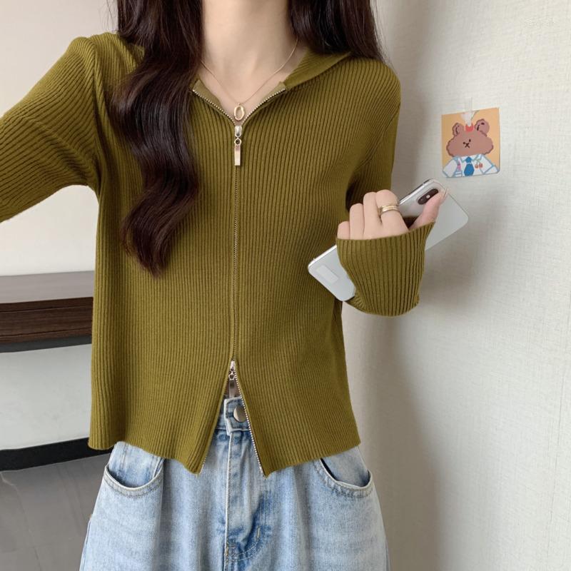 

Women's Knits 2023 Autumn Hooded Short Knitted Cardigan Women Long Sleeve Korean Zipper Hoodies Sweaters Female Slim White Knitting Coats, Green