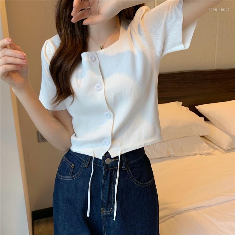 

Women's T Shirts Women Casual Drawstring Short Tops 2023 Chic Square Collar Sleeve Slim Knit T-shirt Female Streetwear Fashion Buttons Tees, Black