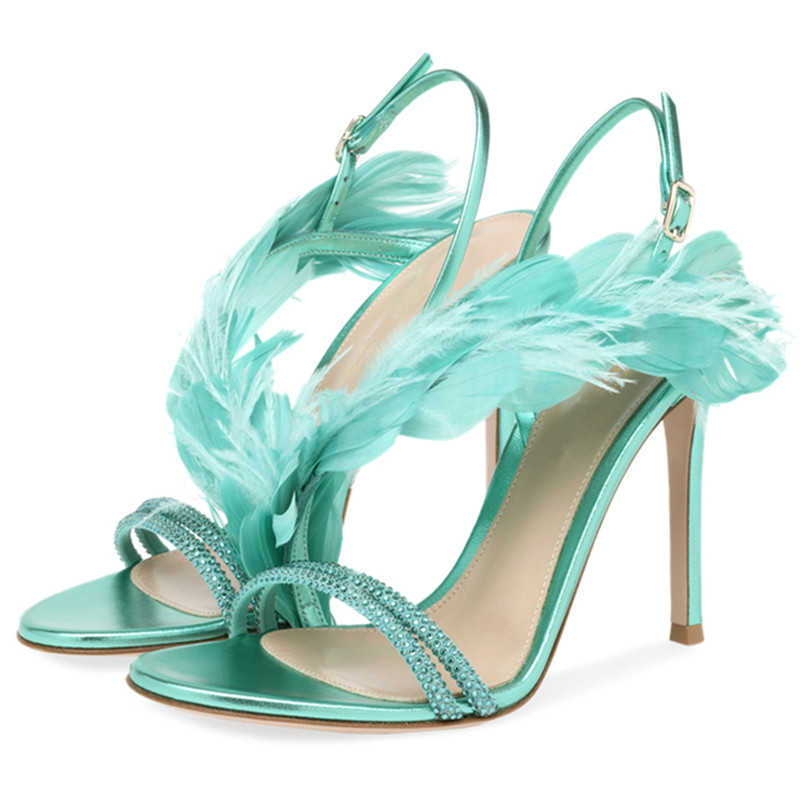 

Sandals Plumage Women's High Heels Dance Shoes Feather Crystal Ankle Strap Wedding Summer Runway Luxury Brand Woman 230406, Green
