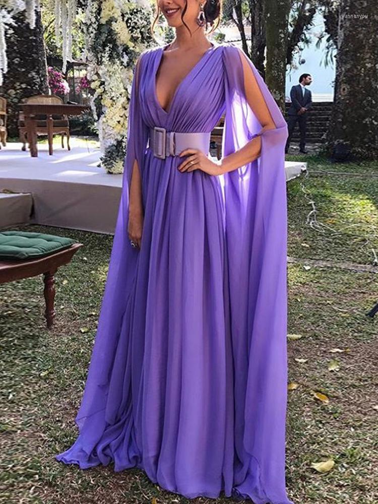 

Party Dresses 2023 Cocktail Fashion Deep V Neck Purple Chiffon Full Length Ladies High Waist A Line Elegant Evening Prom Gowns
