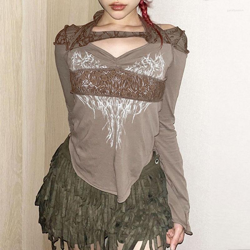 

Women' T Shirts Deeptown Vintage Graphic Print Lace Patchwork Brown T-shirts Women Y2k Aesthetic Hollow Out Long Sleeve Tees Harajuku Slim