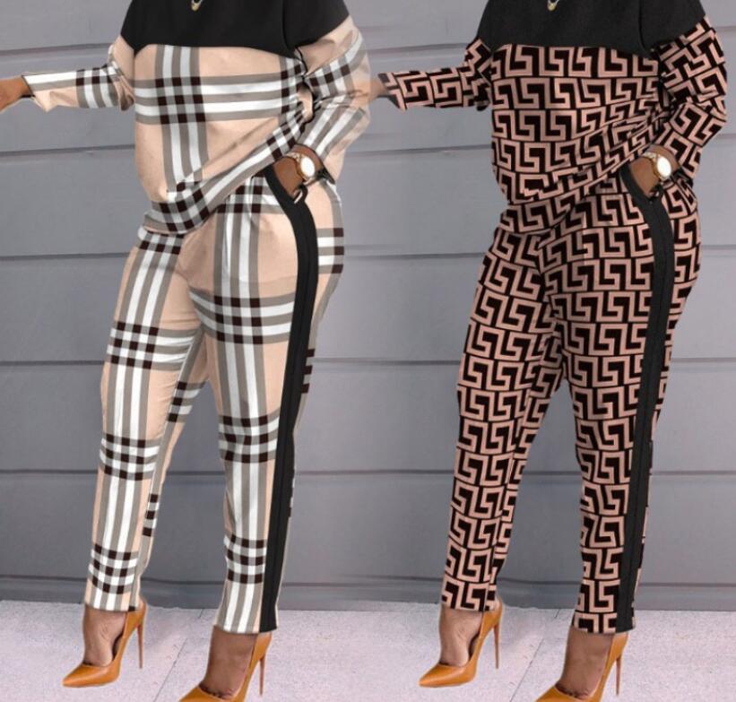 

BURBERRDYY Tracksuits Round Neck Geometric Print Pants Set Women's tracksuit Patchwork Long Sleeve Top & Pants 2 Piece Sets loose Womens Outfit, 03