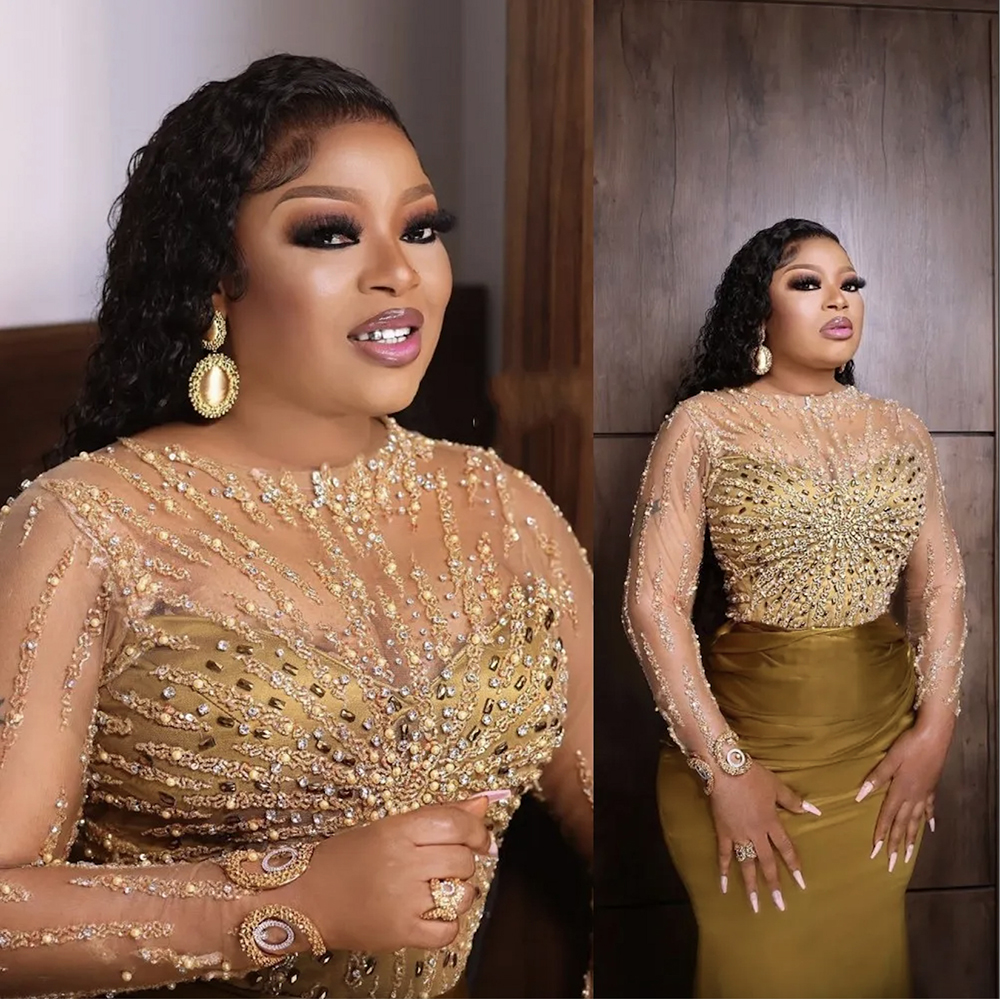 

Sexy Arabic Evening Dresses Wear Gold Illusion Jewel Neck Long Sleeves Crystal Beads Mermaid Plus Size Celebrity Dresses Party Gowns, Nude