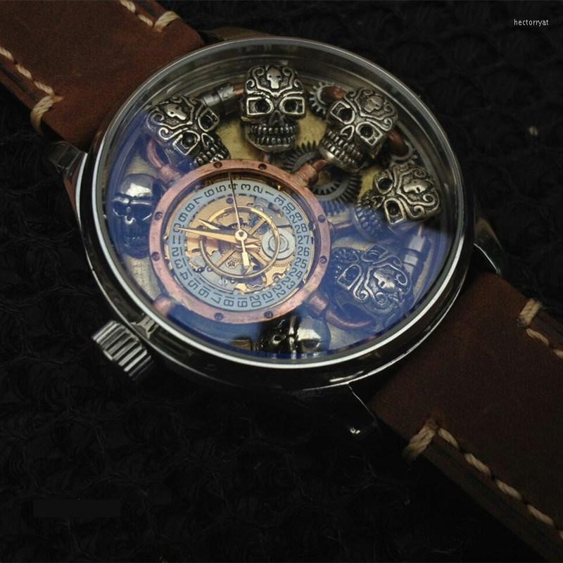 

Wristwatches Steampunk Men's Watch Sterling Silver Skull Waterproof Men Watches Automatic Mechanical Business Personality Leather Wrist, One