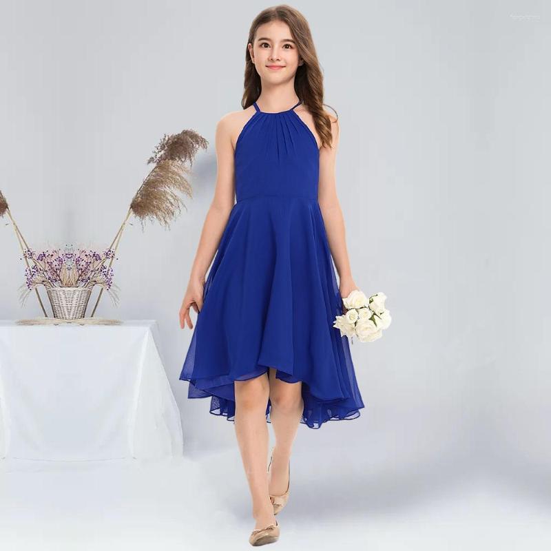 

Girl Dresses A-line Halter Asymmetrical Chiffon Junior Bridesmaid Royal Blue Flower Dress Summer Communion For Juniors, Ivory