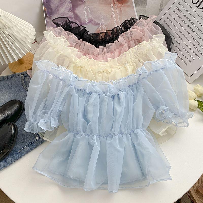 

Women's Blouses Summer Sweet Chiffon Kawaii Blouse Women Slash Neck Korean Casual Mesh Ruffles Puff Sleeve Sexy Shirt Female Ball Gown Crop