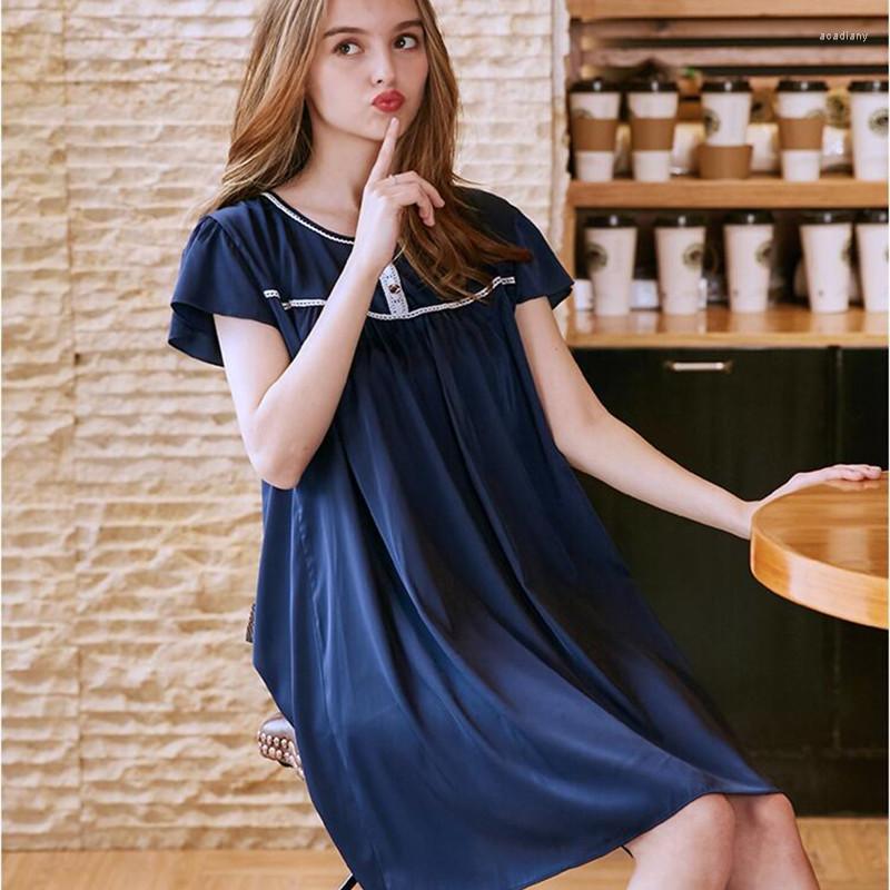 

Women's Sleepwear YT- 031 Lingerie Women Nightdress Faux Silk Underwear O-Neck Casual Home Dress Nightwear, Blue
