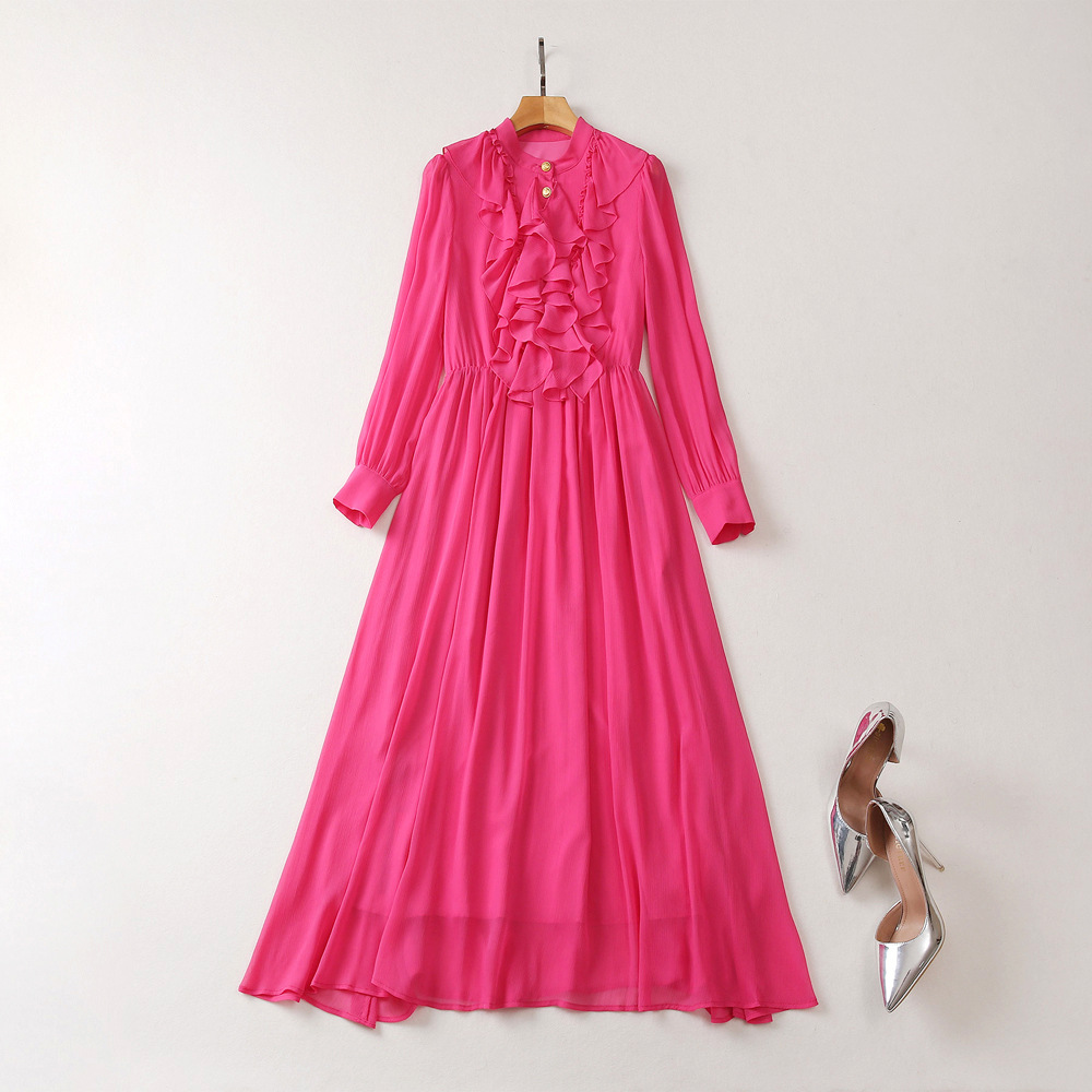 

2023 Summer Hot Pink Ruffle Chiffon Dress Solid Color Long Sleeve Stand Collar Buttons Midi Casual Dresses A3A101513