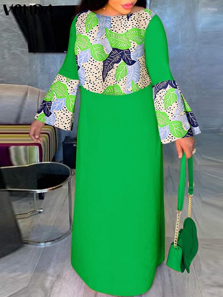 

Plus Size Dresses 5XL VONDA Summer Maxi Dress Women Long Flare Sleeve Vintage Patchwork Printed Vestido Casual Baggy Party Robe Femme, Blue