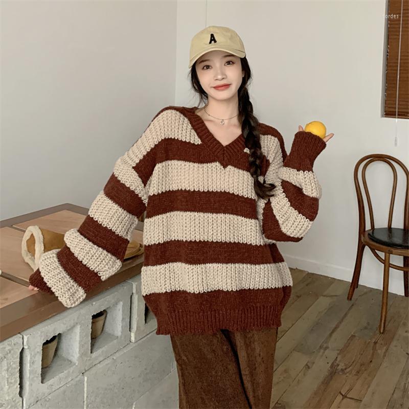 

Women's Sweaters 2023 Color Contrast Stripe Loose Long Sleeve Knitted Women's Slouchy Vintage V-Neck Slim Sweater, Black