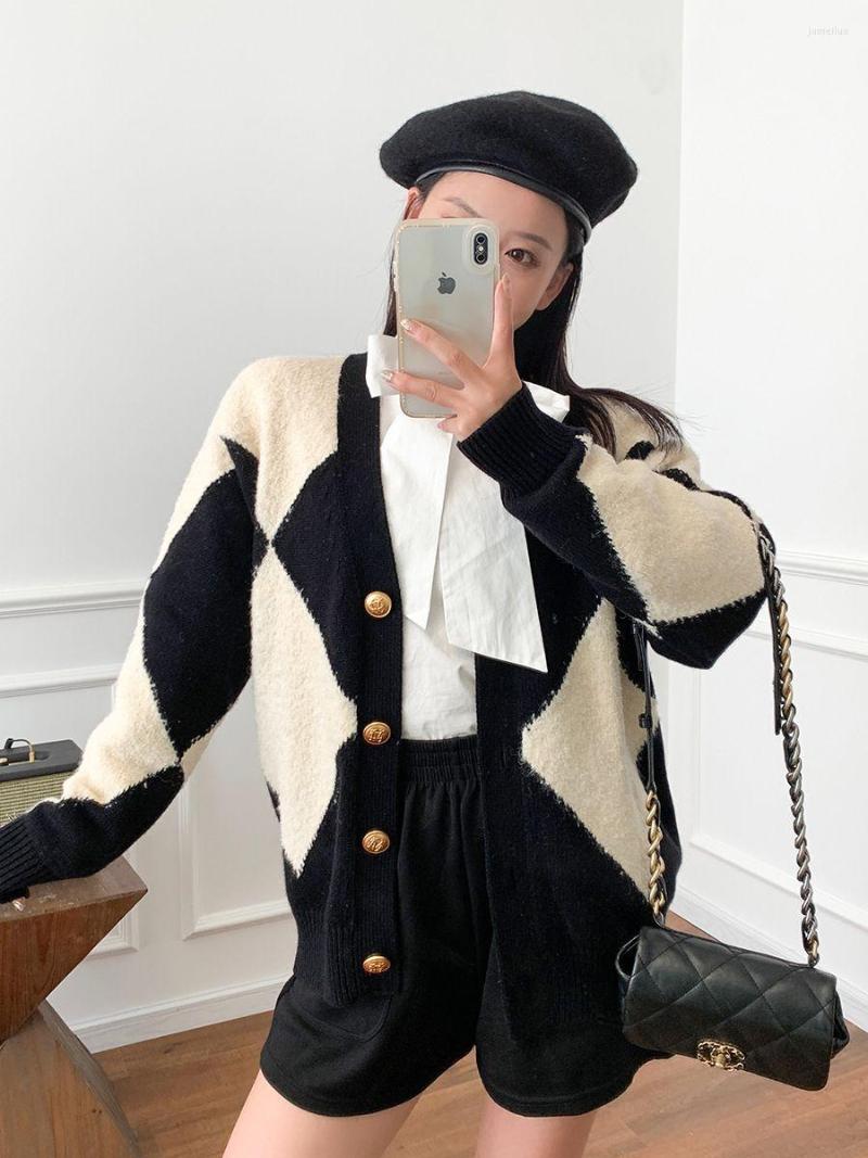 

Women' Knits Ladies V-neck Single Breasted Knit Sweater Wool-blend Cardigan Diamond Pattern Contrast Color Long Sleeve Elegant