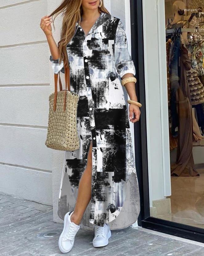 

Casual Dresses For Women 2023 Spring Fashion Print Buttoned Slit Turn-Down Collar Long Sleeve Maxi Daily Shirt Dress