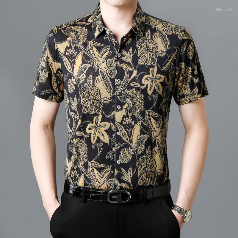 

Men's Casual Shirts Fashion Flower Print Shirt Men Summer Arrival Short Sleeve NightClub Slim Fit Holiday Business Beach Blouse, 557 black