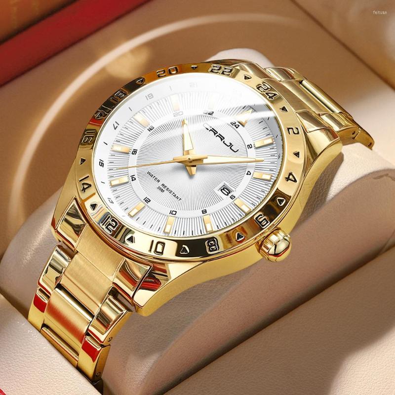 

Wristwatches CRRJU Fashion Watch Men Stainless Steel Top Waterproof Luminous Wristwatch Mens Watches Sports Quartz Date, Gold