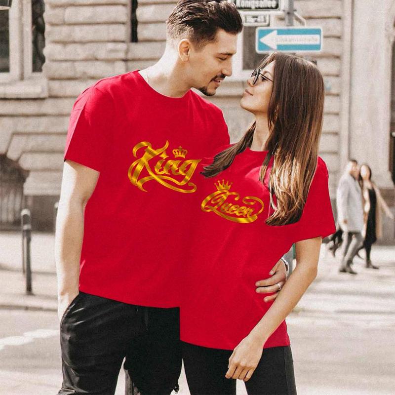 

Men's T Shirts Couples T-shirt Print Summer Cotton Lovers Casual Funny Men's Top Woman Clothes Streetwear Tees, Navy blue-queen-1