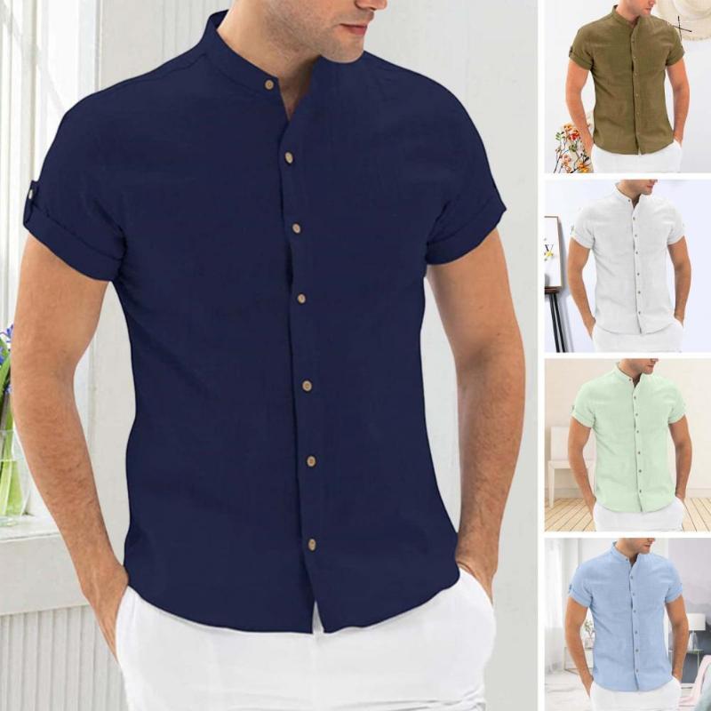

Men' Casual Shirts Men Shirt Stand Collar Slim Fit Buttons Tops Placket Short Sleeves Cardigan Summer Clothing For Daitng, Light blue
