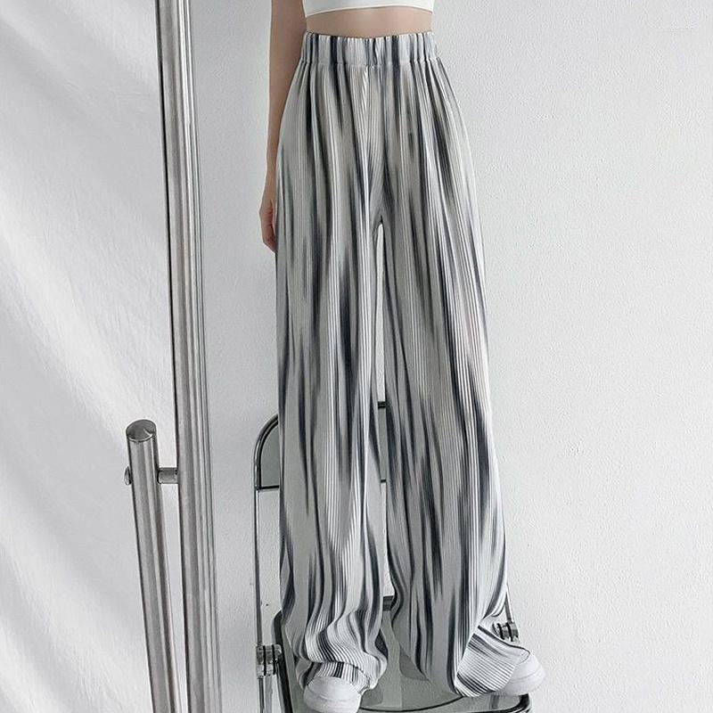 

Women' Pants Korean Streetwear Harajuku Tie Dye Thin Ice Silk Straight Wide Leg Women' Summer Casual Loose High Waist Pleated Trousers, Graywhite