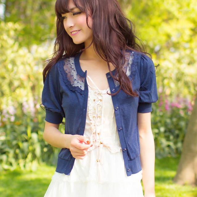 

Women's T Shirts Sales Japan Liz Lisa Knitted Hollow Out Lace Cardigan, Navy blue