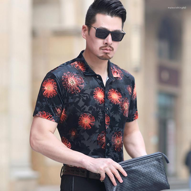 

Men's Casual Shirts Slim Fit 3D Printing Hollow Elastic Short Sleeve For Men Summer Quality Velvet Smooth Comfortable Luxury Camisa, Picture shown