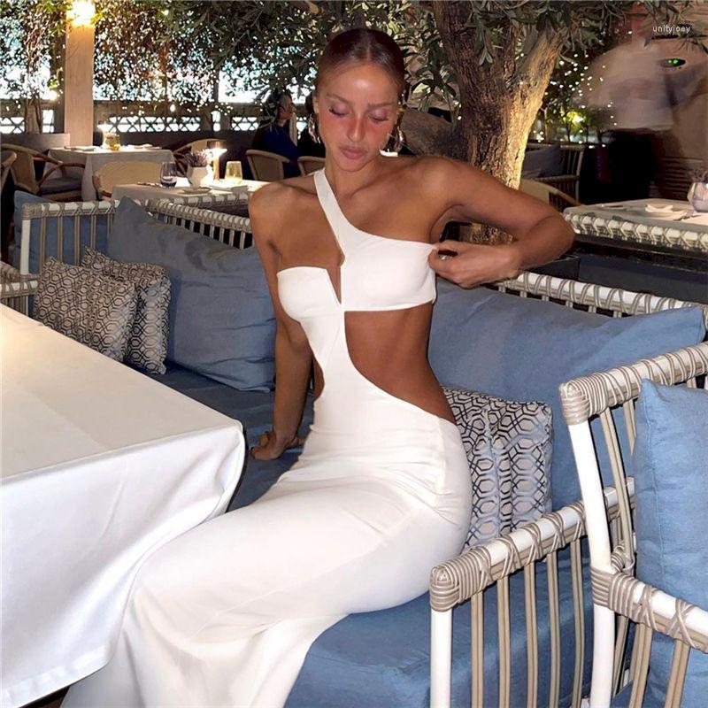 

Casual Dresses Elegant Hollow Out Backless Maxi 2023 Spring Summer Slant Shoulder Sexy Women' Dress Party Beach Holiday Bodycon Robe, White
