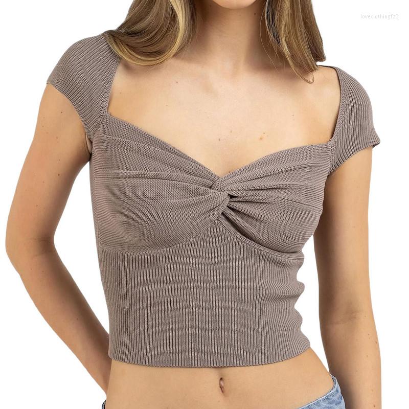 

Women' T Shirts Top Corset Women Knit Crop Tops Summer Clothes 2023 Harajuku Short Sleeve Sweetheart Neck Twist Front T-Shirts Y2k