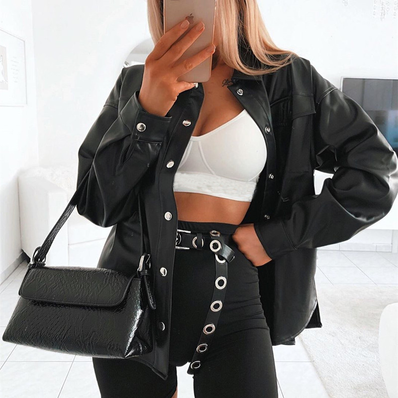 

Women' Jackets Women Faux Leather Jacket Solid Color Long Sleeve Turn Down Collar Button Coat Autumn Spring Office Lady Outwear StreetwearW, Black