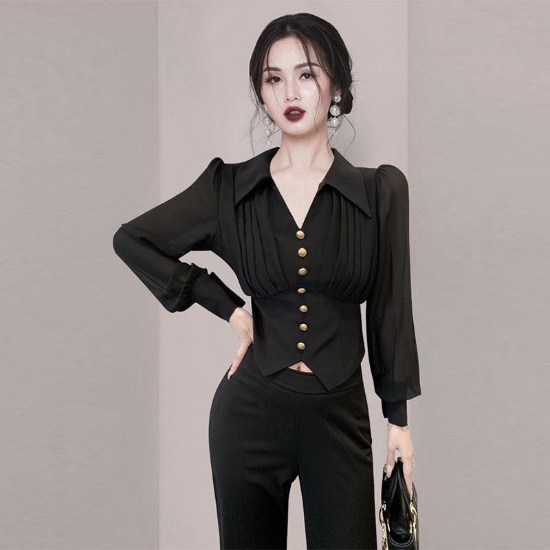 

Women' Blouses & Shirts Early Spring French Short Solid Color Female V-neck Slim Ladies Long Sleeve Buttons W283Women, Black