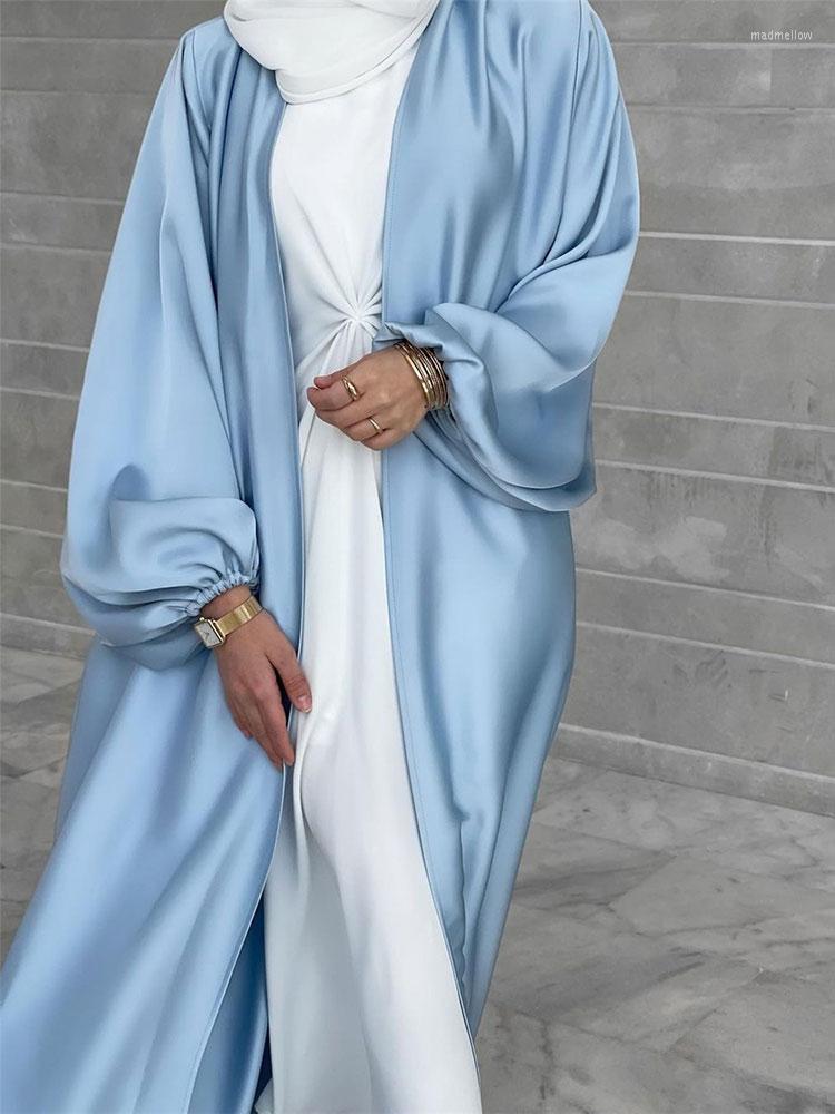 

Ethnic Clothing Eid Satin Open Abaya Inner Long Dress Women Summer Elegant Puff Sleeve Muslim Hijab Robe Kimono Islam Dubai Turkey Modest