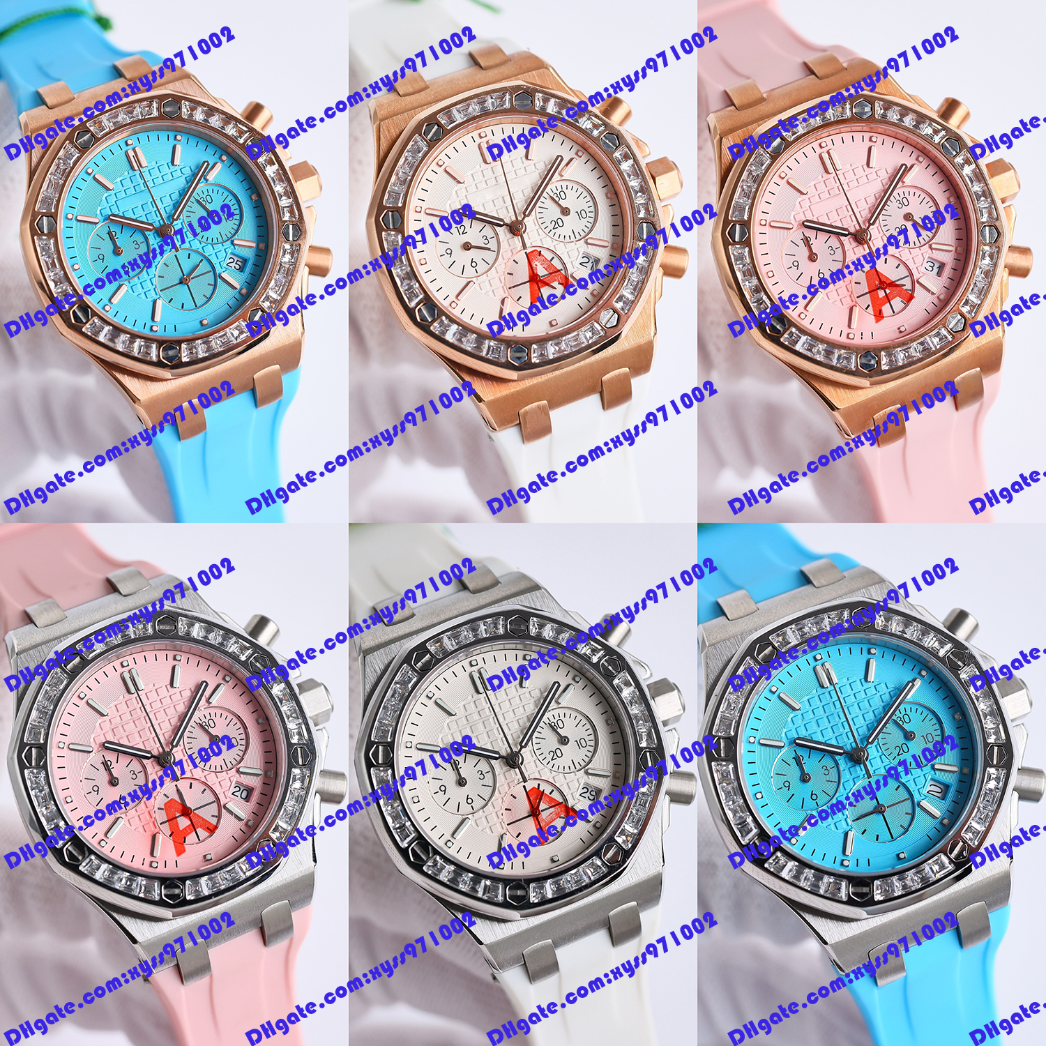 

6 Model watch quartz electronic movement women's watch 37mm pink dial diamond bezel gold rubber strap sapphire glass men's watch timer function 26231OR.ZZ wristwatch, Blue