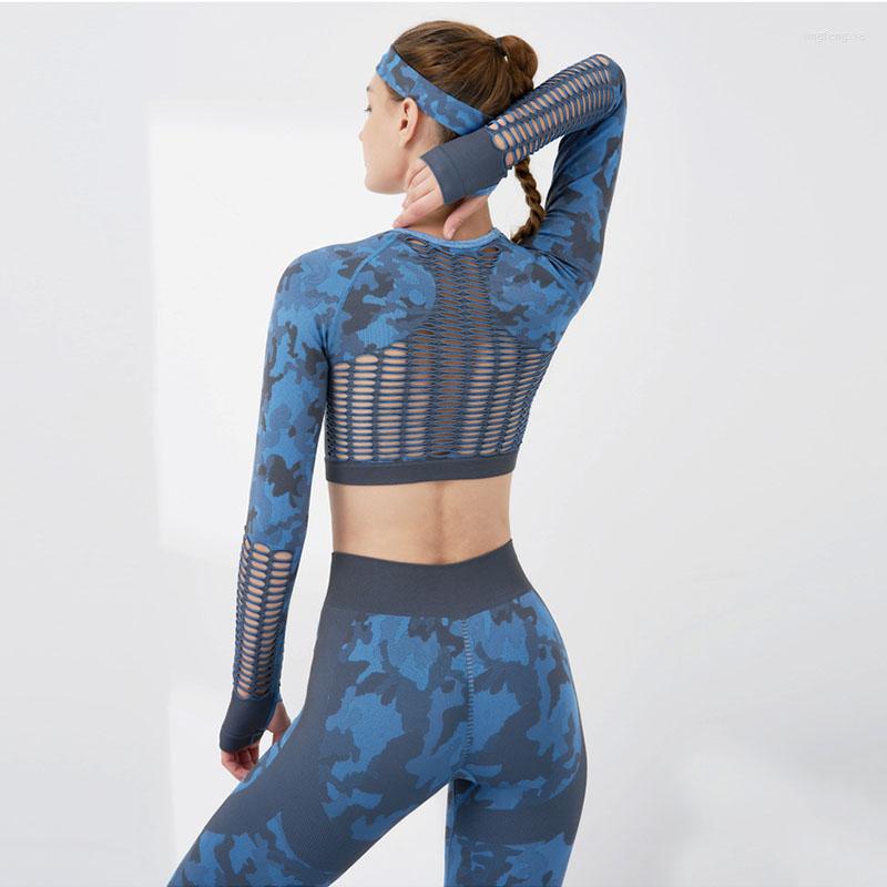 

Active Sets Seamless Camouflage Yoga Set Sport Outfits Women Workout Two 2 Piece Long Sleeve Crop Top Leggings Gym Suit Fitness, Blue