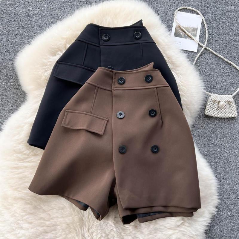 

Women' Pants VANOVICH Spring And Summer Design Temperament Double-breasted Irregular High Waist Wide-leg Shorts Women Casual, Dark brown