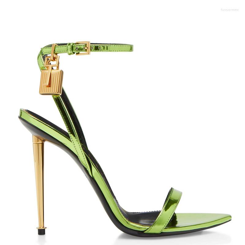 

Sandals Arrival Awesome Metal Lock Stiletto High Heel Shoes Women Fancy Decoration Thin Pointy Summer Pumps, Color2