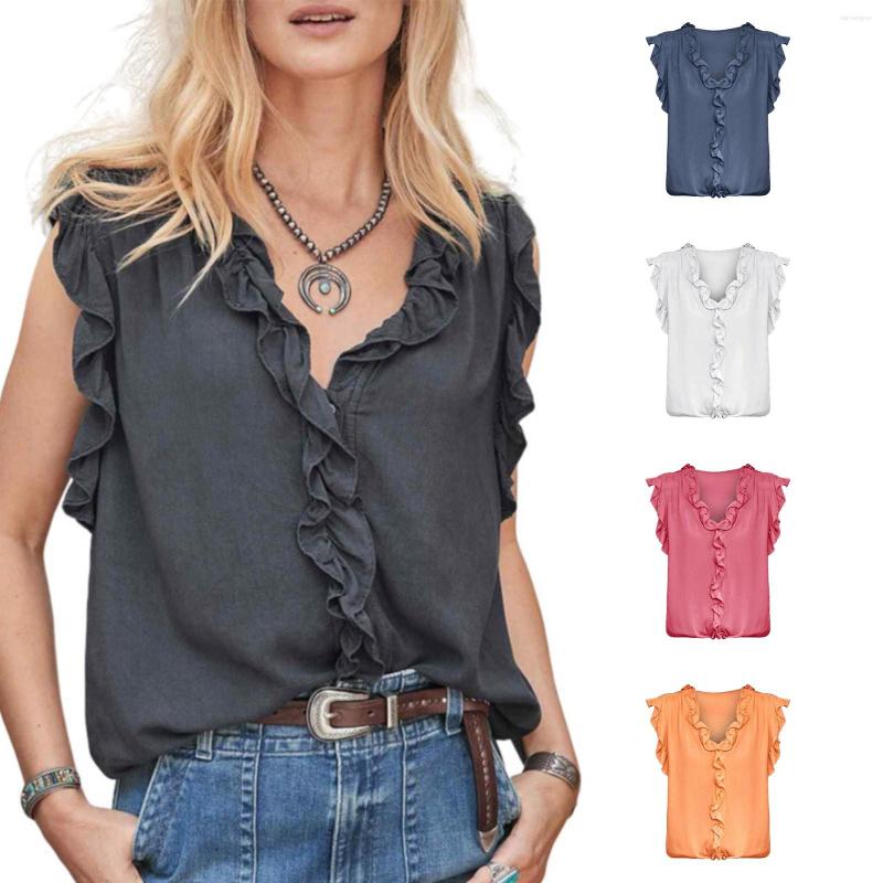 

Women's Blouses Spring Summer Sleeveless Ruffle Shirt Women's Casual Elegant Vintage Print Oversized Button Baggy