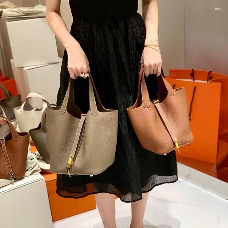 

Evening Bags Vegetable Basket Women's Bag Water Bucket Baotou Layer Cowhide Handbag Fashion Versatile Large Capacity, Gray - small gold bu