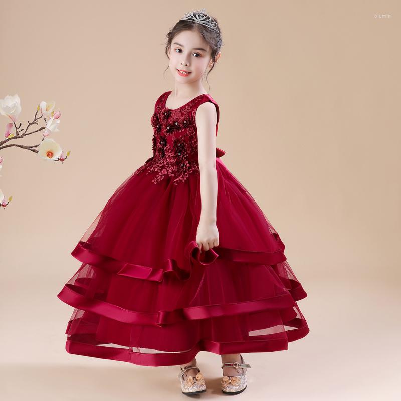 

Girl Dresses Fashion Princess Vintage Dress Tulle Child Vestido Puff Sleeve Pink Wedding Party Birthday Tutu Clothes 3-12Y, Scb07