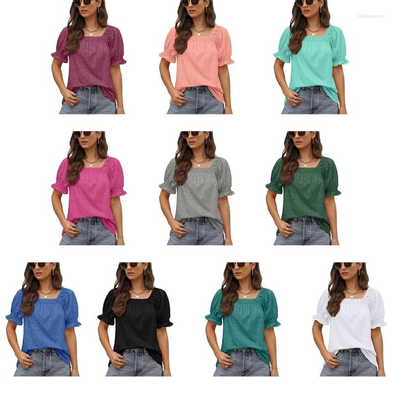 

Women's T Shirts Womens Casual Ruffle Puff Short Sleeve Solid Color Loose T-Shirts Summer Pleated Square Neck Blouses Pullover Tunic Top, Purple