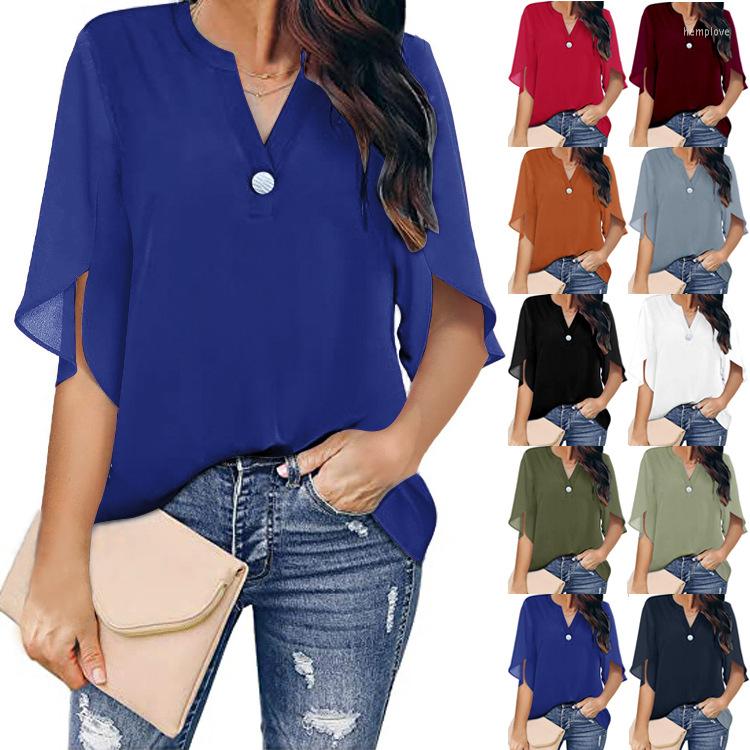 

Women's T Shirts 2023 Women Loose Chiffon Blouse Tops Summer Female Solid Half Flare Long Sleeve Baggy Clothes Feminist Shirt, Red