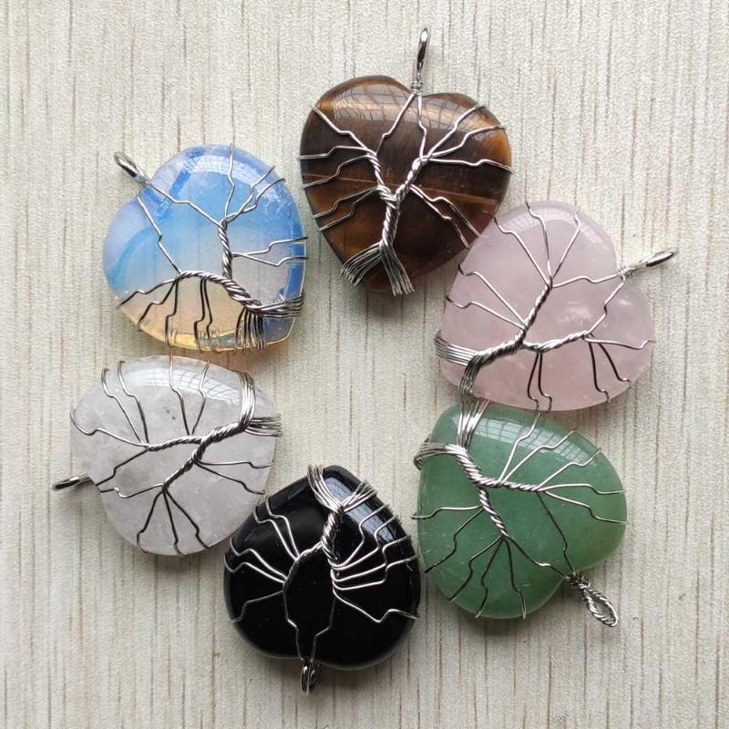 

Pendant Necklaces Natural Stone Handmade Silver Color Wire Wrapped Tree Of Life Heart Pendants For Jewelry Making Wholesale 6pcs/lot