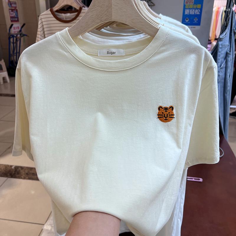

Women's T Shirts Cotton Cartoon Embroidered Short Sleeve T-shirt Women's Summer 2023 Round Neck Top Loose Women White T-shirts Tees