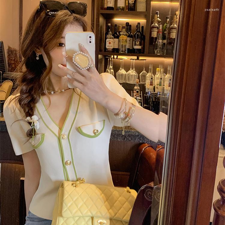 

Women's Knits Summer Slim Fit Cardigan Women Short Sleeve V-neck Contrast Color Fake Pocket Elegant Tops Korean Fashion French Style, Yellow