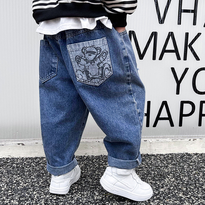 

Jeans Boy Kids Jeans pants Children Denim spring tooling cartoon bear Kids Baby spring trousers Loose Kids Baby 230413, Blue2
