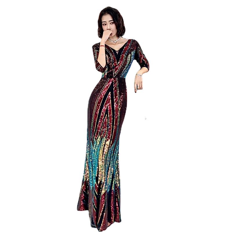 

New Styles Mermaid Evening Dresses Long Elegant V Neck Half Sleeve Sequined Formal Party Gown Robe Longue, Photo color