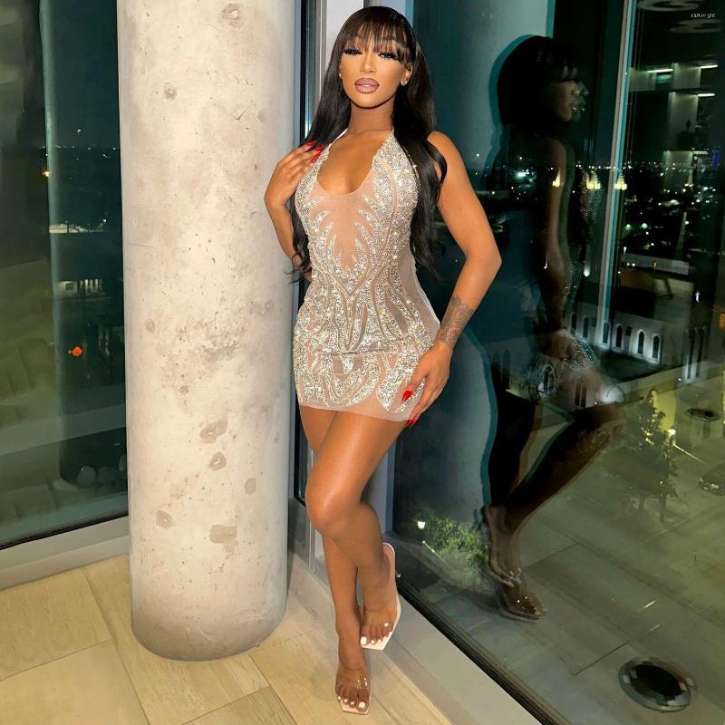 

Casual Dresses Summer 2023 Beauty Clothing Sexy Mesh Drilling See-through Nightclub Dress Women, Apricot