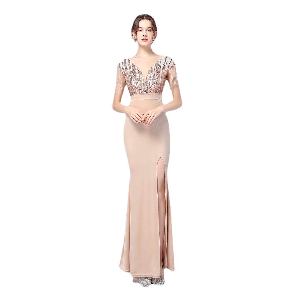 

Sequins Elegant V Neck Velour Evening Dresses Women Short Sleeve Robe Vestidos Beads Mermaid Slit Party Prom Dress RU50, Gold